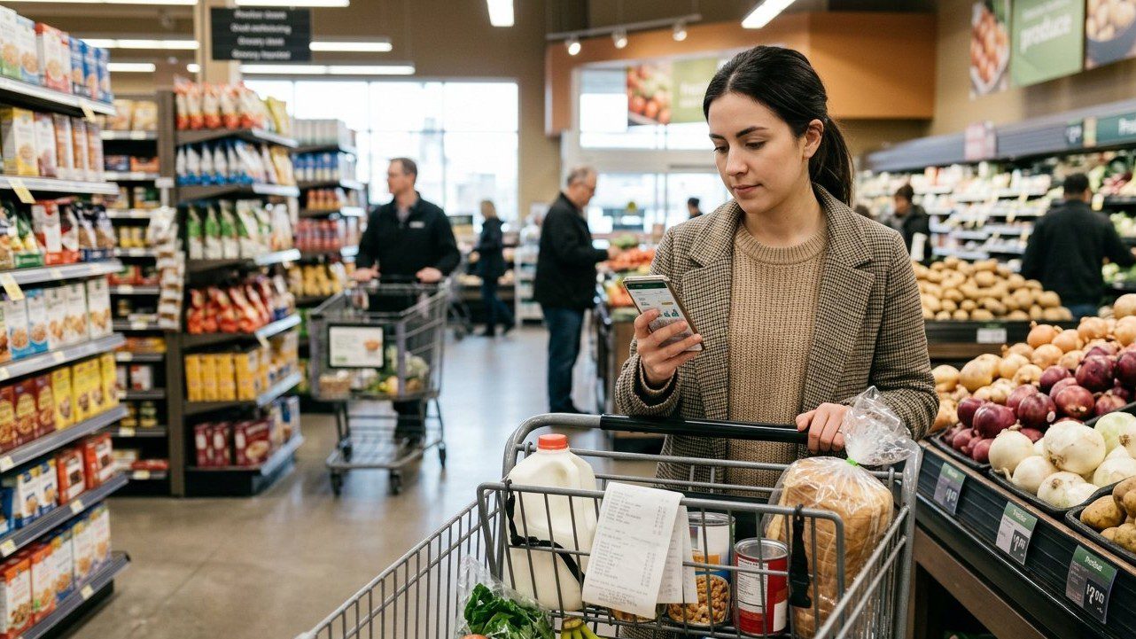 Canadian grocery shopper comparing weekly flyer prices on a smartphone to save money in 2026