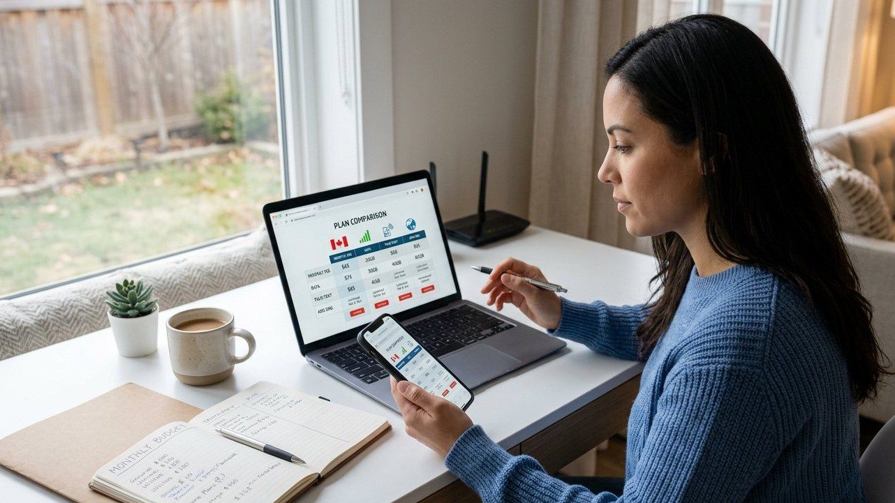 Canadian consumer comparing cell phone plans and monthly wireless costs