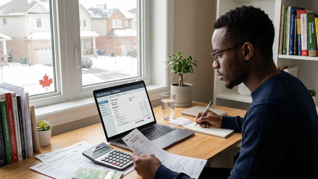 Newcomer preparing a Canadian income tax return and CRA documents