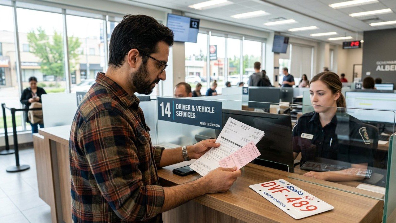 Driver preparing documents to register a vehicle at an Alberta registry office