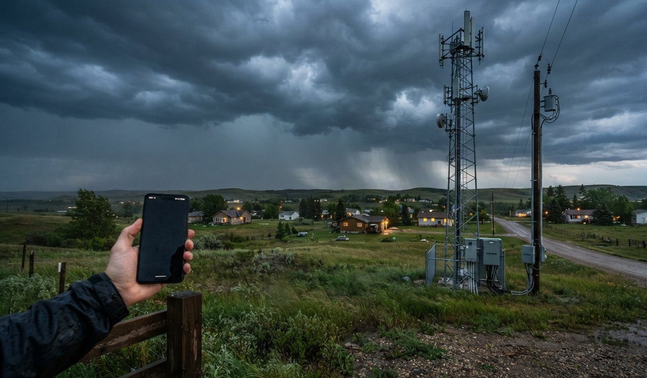 Telecommunications tower serving a rural Canadian community as Canada expands funding for more reliable internet and cellphone networks.
