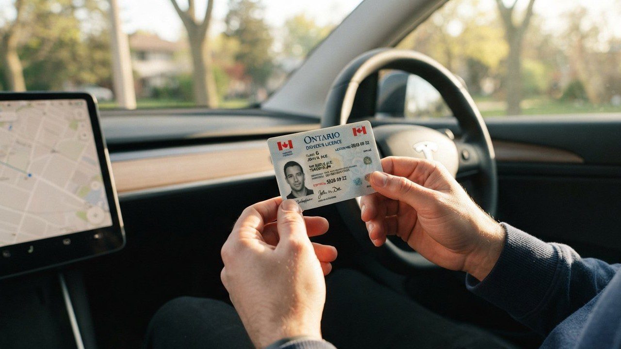 Canadian driver's license held inside a modern automobile representing license exchange process.
