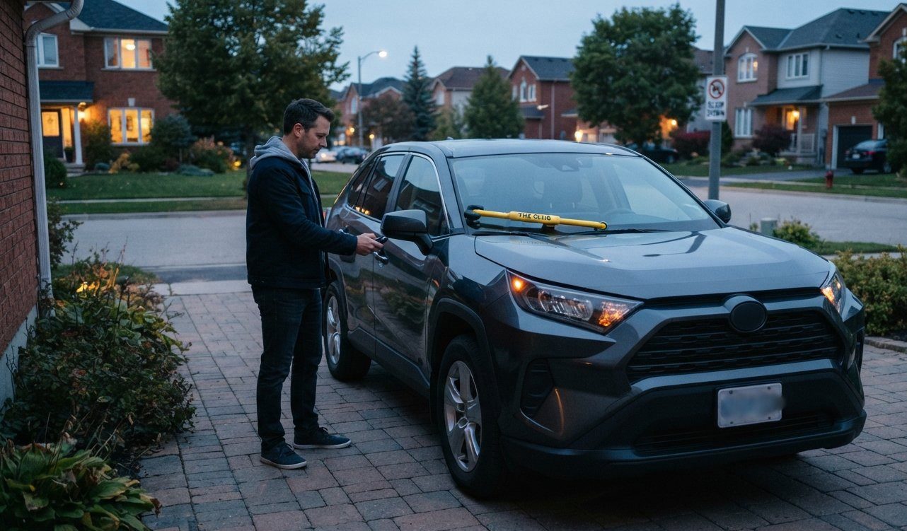 Canadian driver securing a vehicle at home as national auto theft numbers decline in 2026.