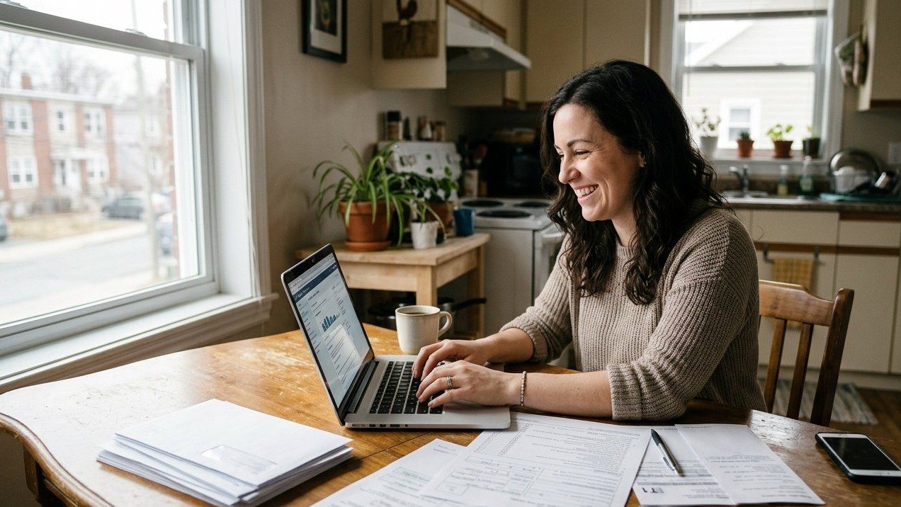 Canadian taxpayer using a laptop to file a 2025 tax return through a simplified online tax service.