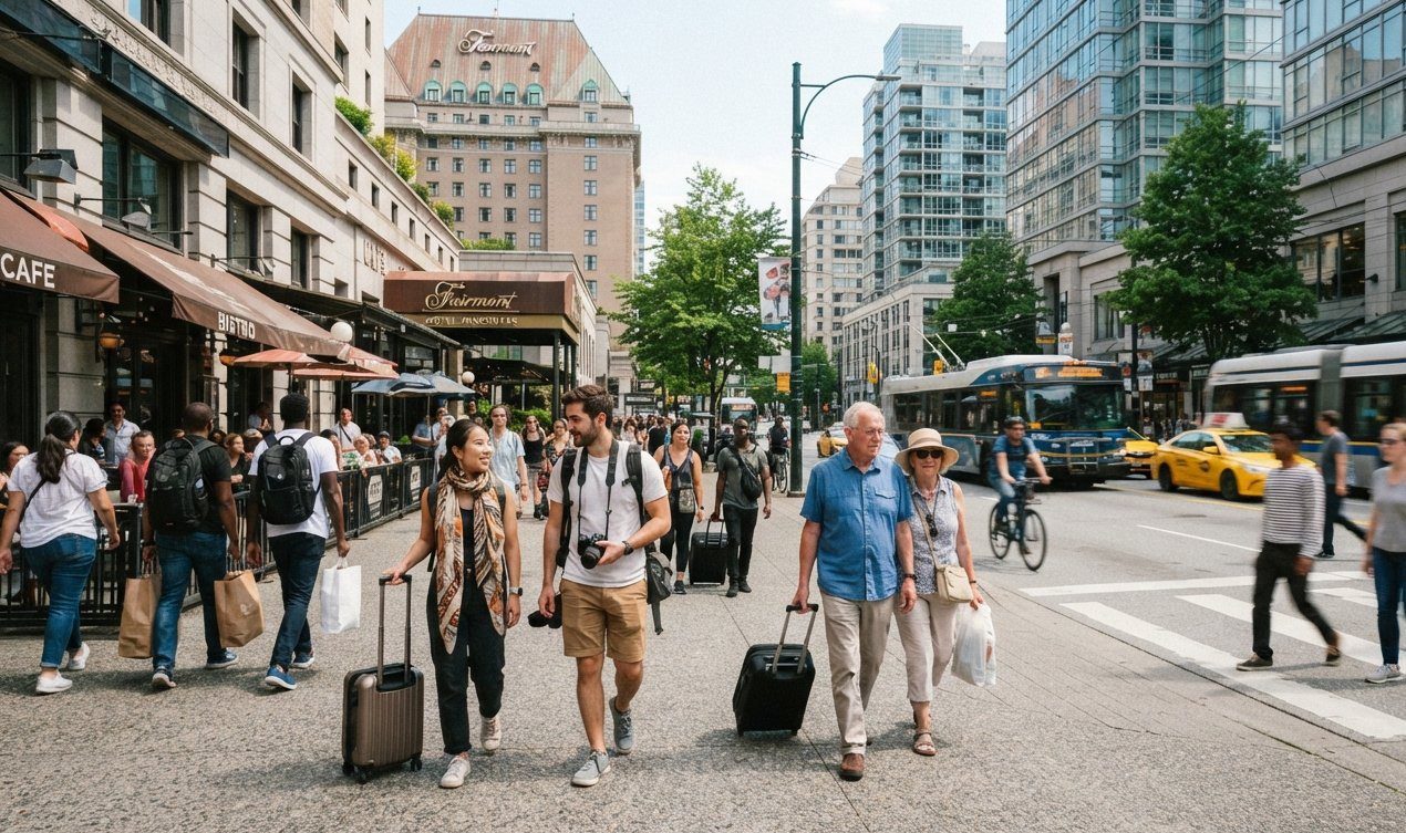 Travellers in a Canadian city as tourism spending reaches $28.5 billion in the second quarter of 2026.