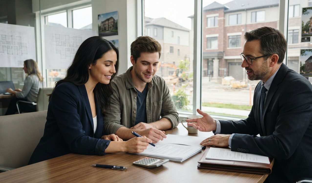 First-time home buyers reviewing closing documents for a newly built Canadian home eligible for the GST rebate.