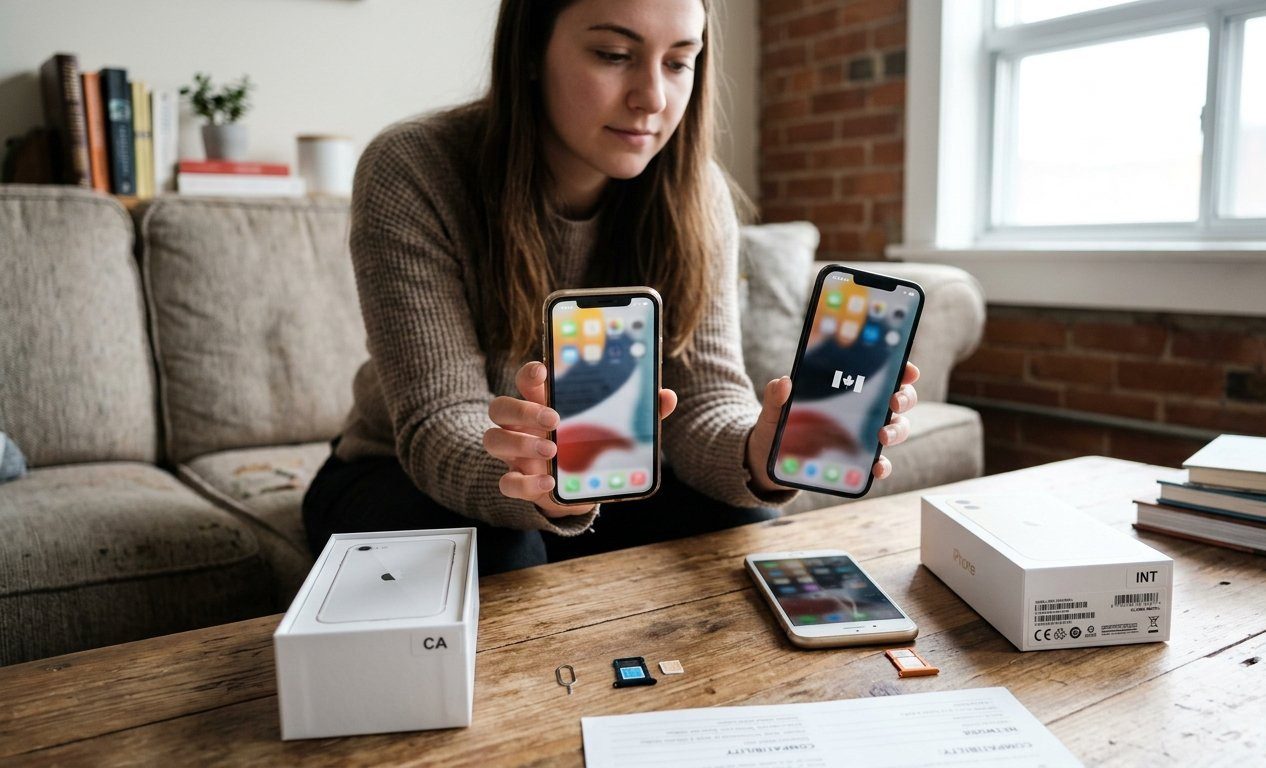 Canadian smartphone user comparing an imported phone with a Canadian-market device for VoLTE and Wi-Fi Calling compatibility.