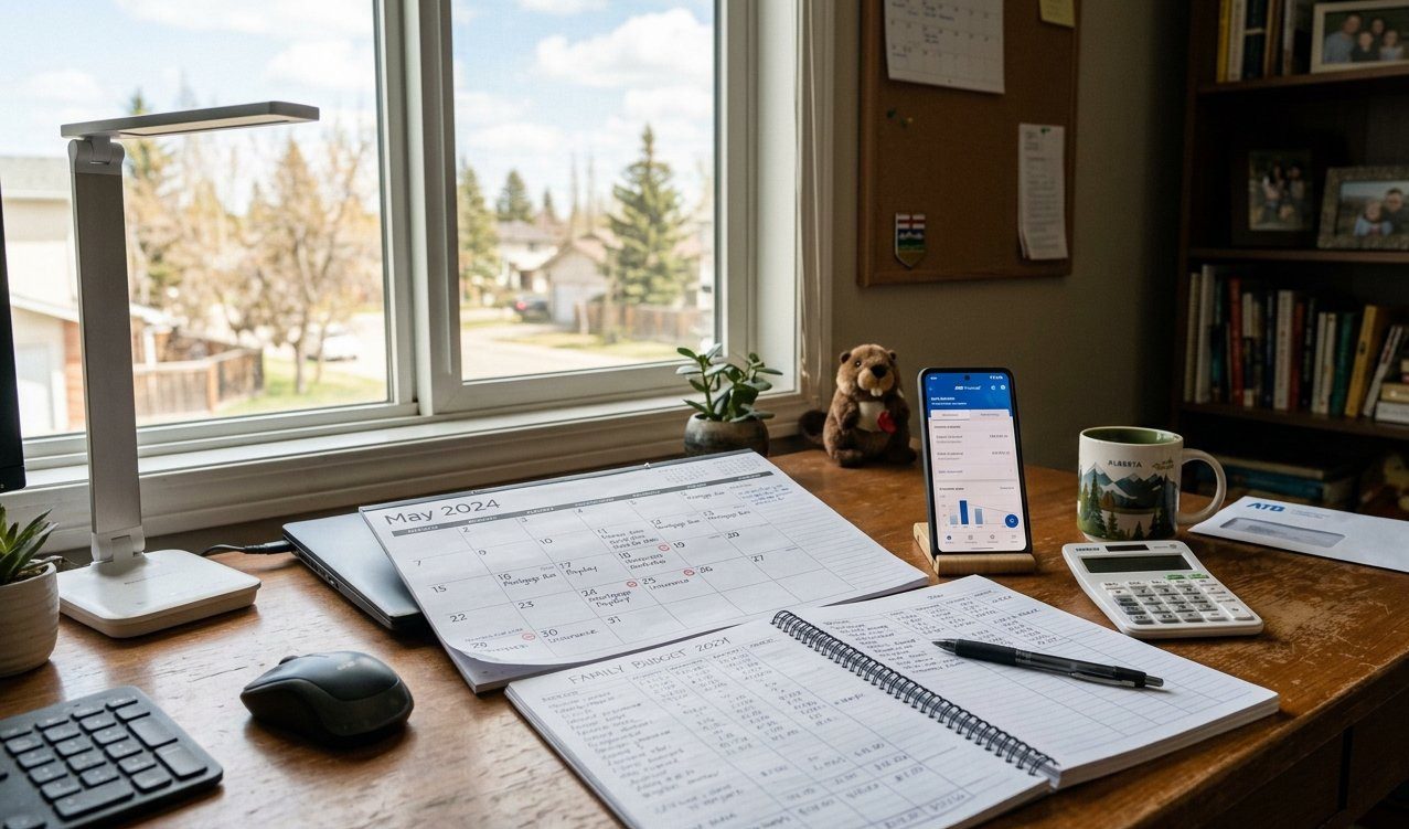 Canadian household reviewing benefit payment dates and important financial events on a monthly calendar.