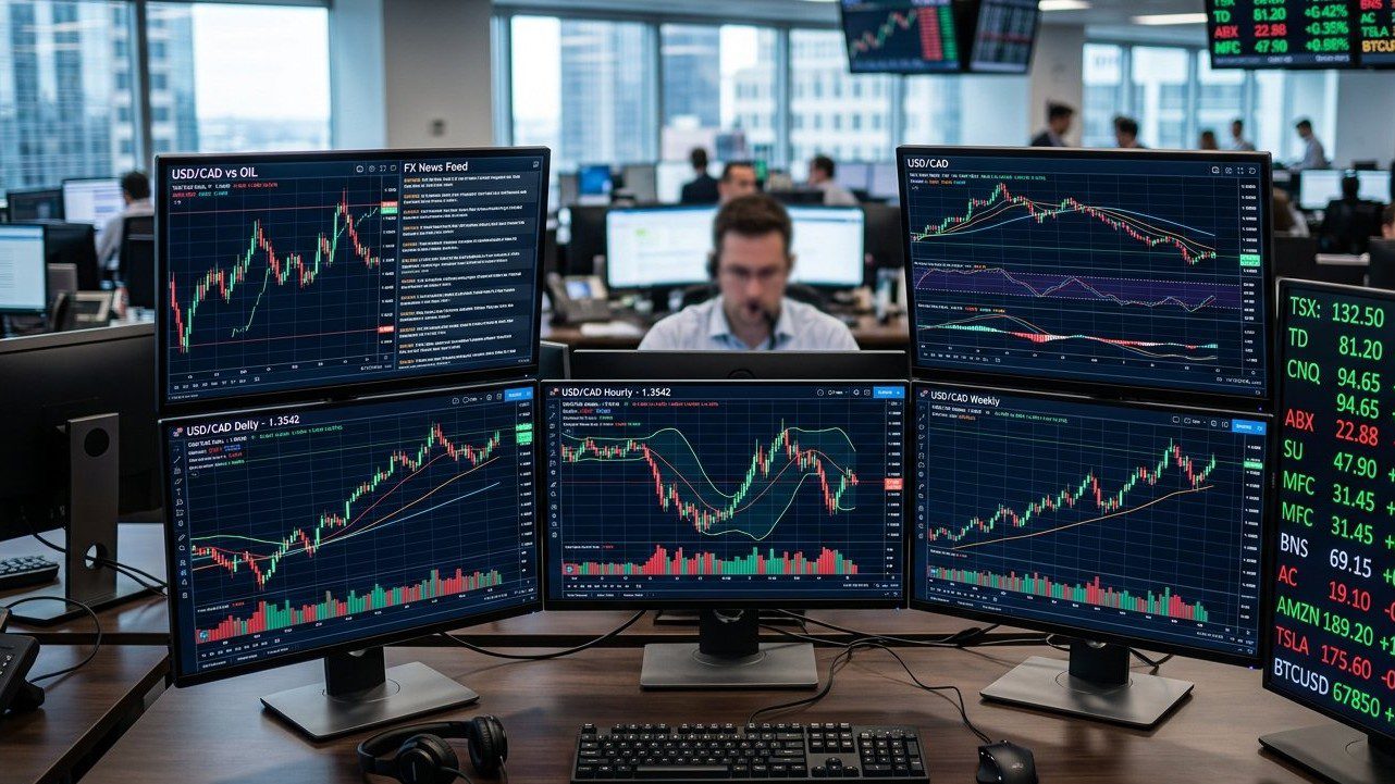 Financial stock market exchange rate display symbolizing Canadian economy and currency trends.