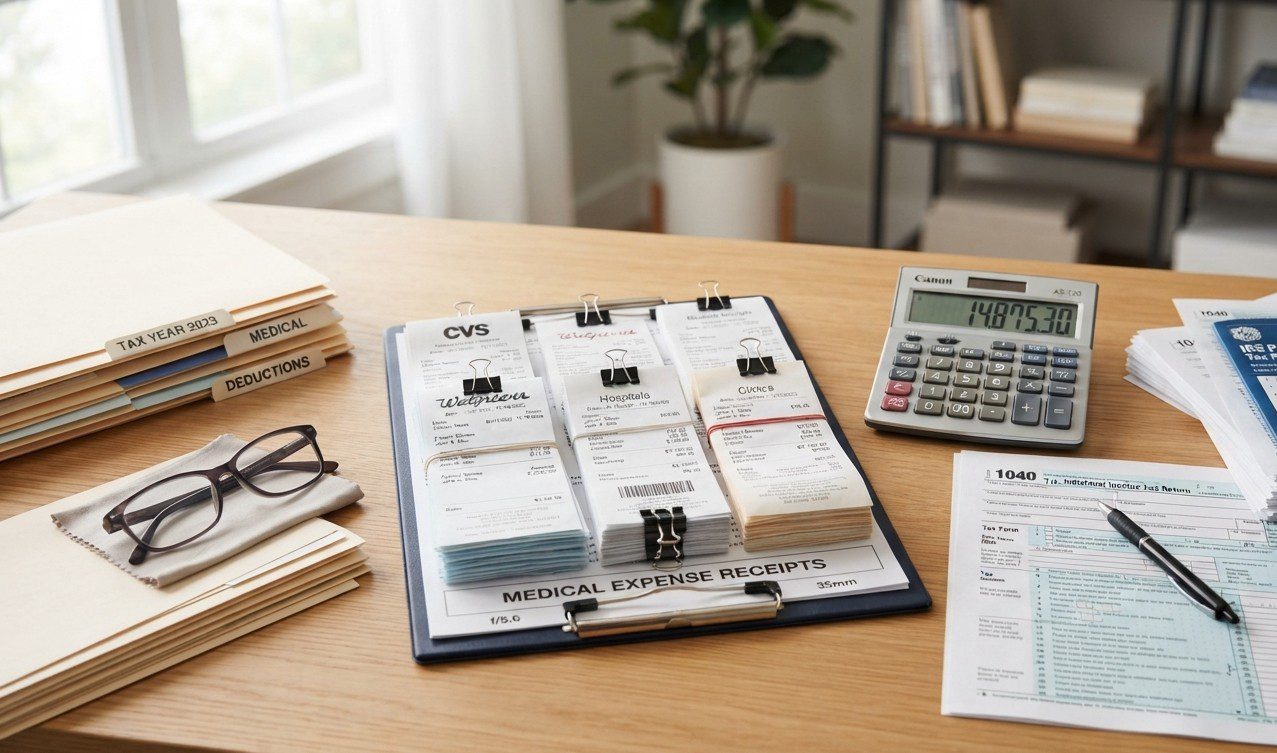 Medical receipts, eyeglasses, and a calculator prepared for tax deductions.