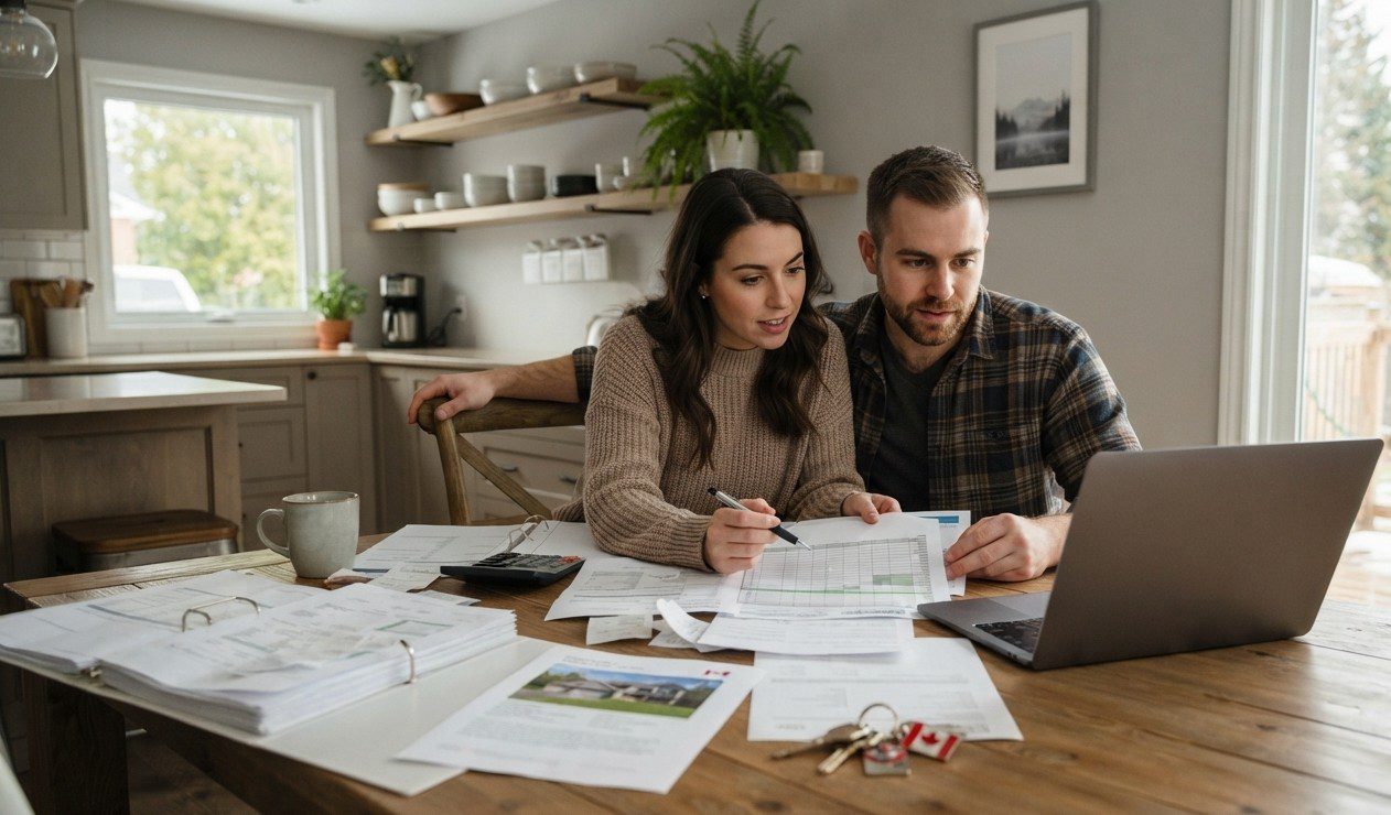 Canadian first-time home buyers reviewing FHSA savings and home purchase finances