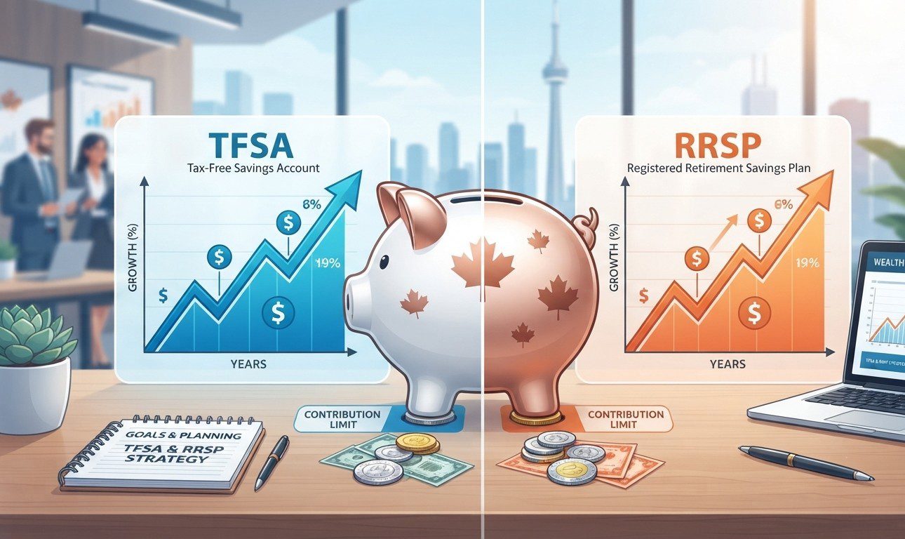 TFSA and RRSP financial account comparison charts on a office desk.