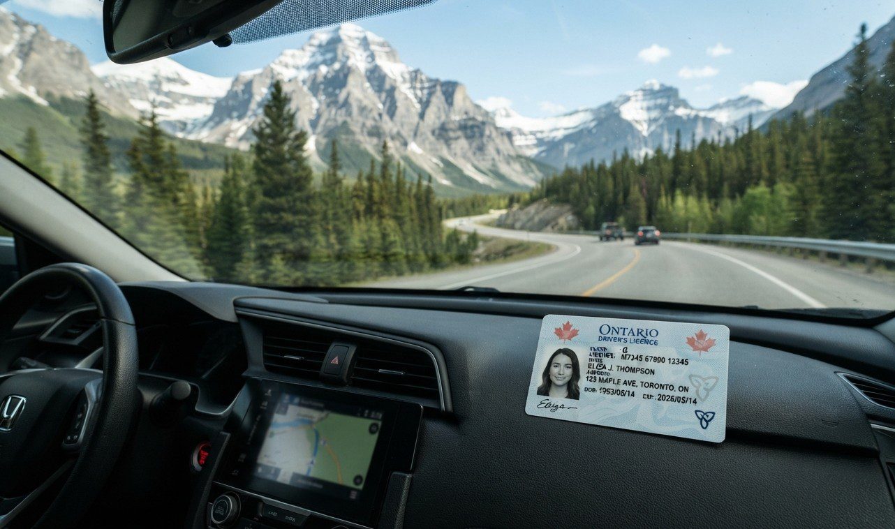 Canadian driver's license sitting on a car dashboard with scenic highway view.