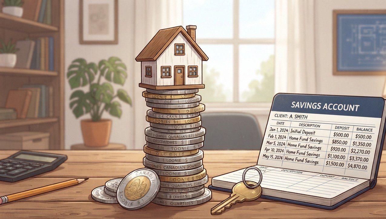 Miniature home model next to Canadian currency and house keys representing FHSA savings.