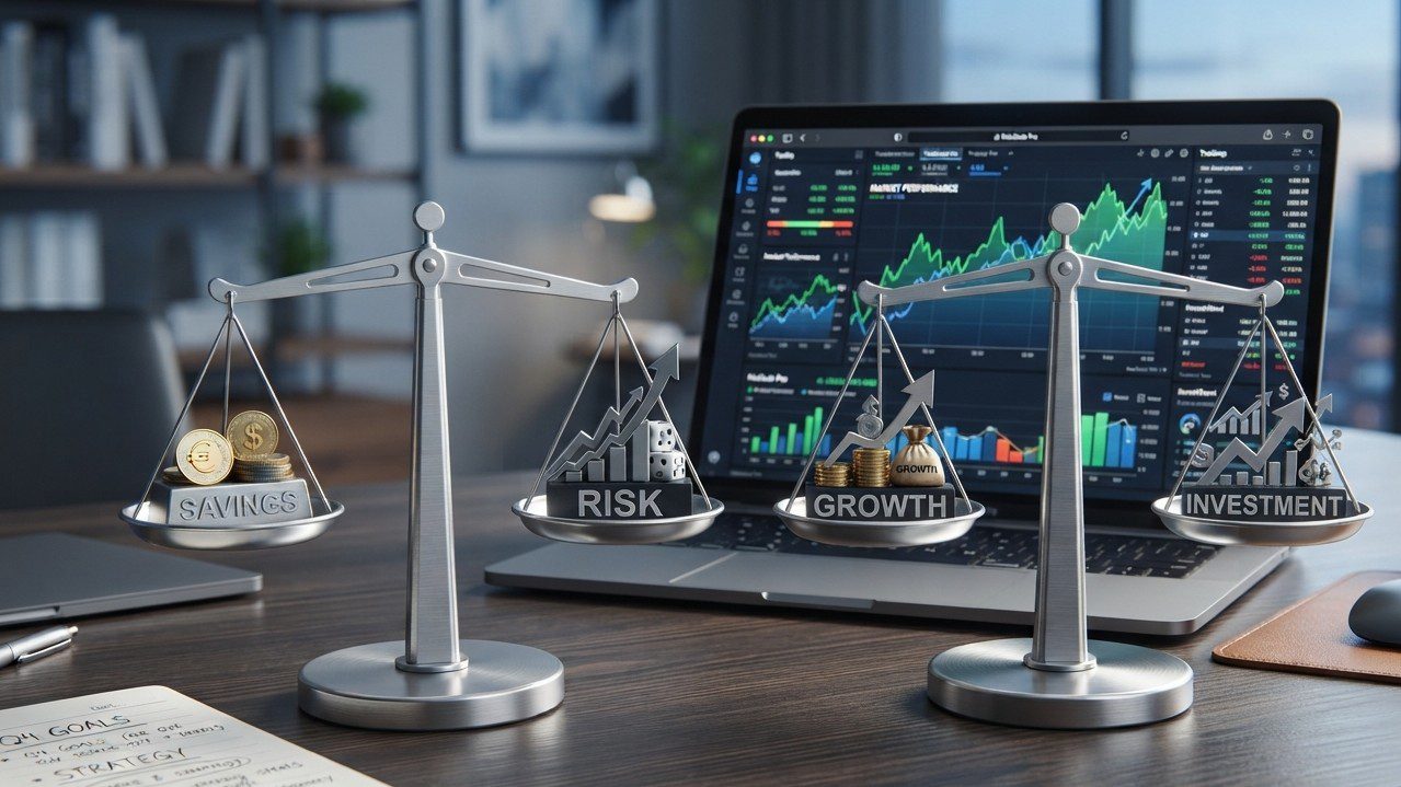 Two balanced weighing scale pans illustrating investment comparison options.