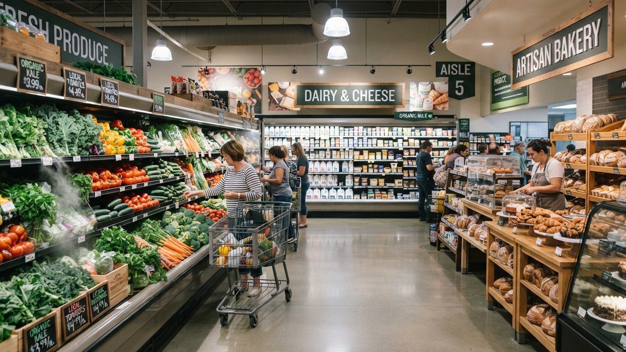 A well-stocked fresh produce section in a modern Canadian supermarket.