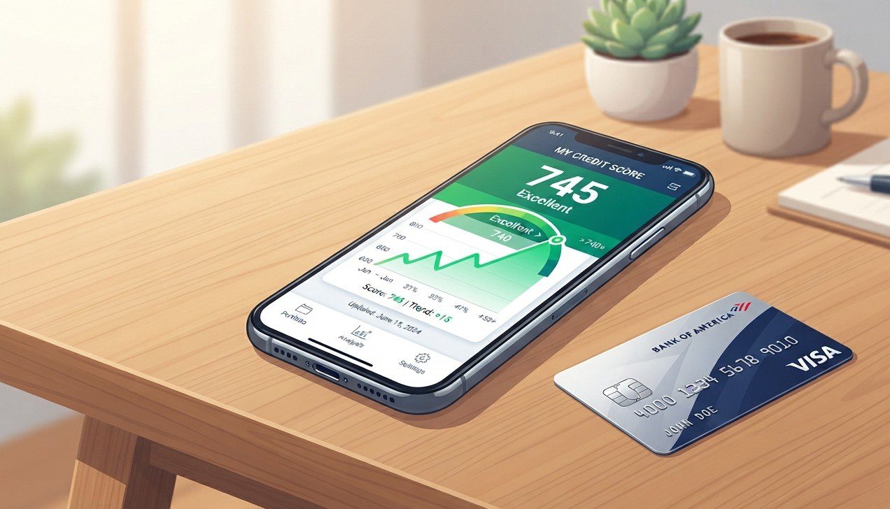 Smartphone screen showing a high Canadian credit score rating on a modern desk.