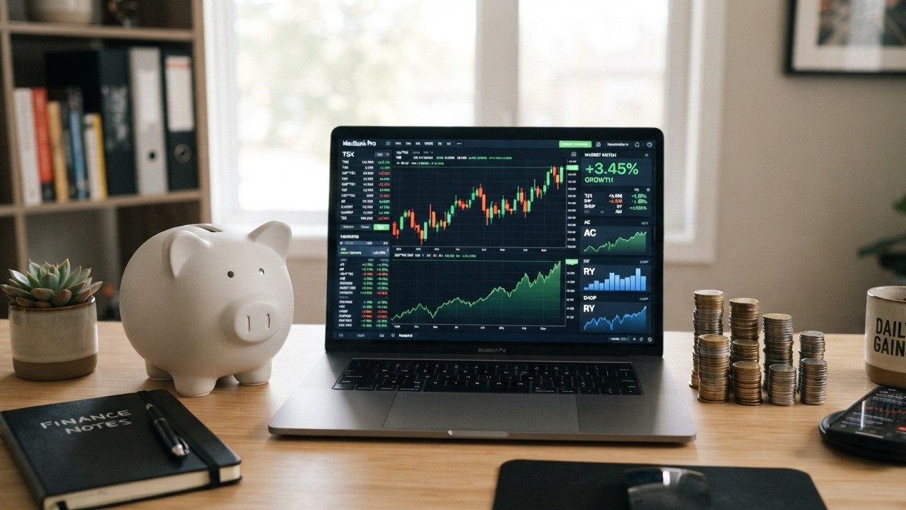 Stacked Canadian coins and a piggy bank next to a computer screen showing stock investment graphs.