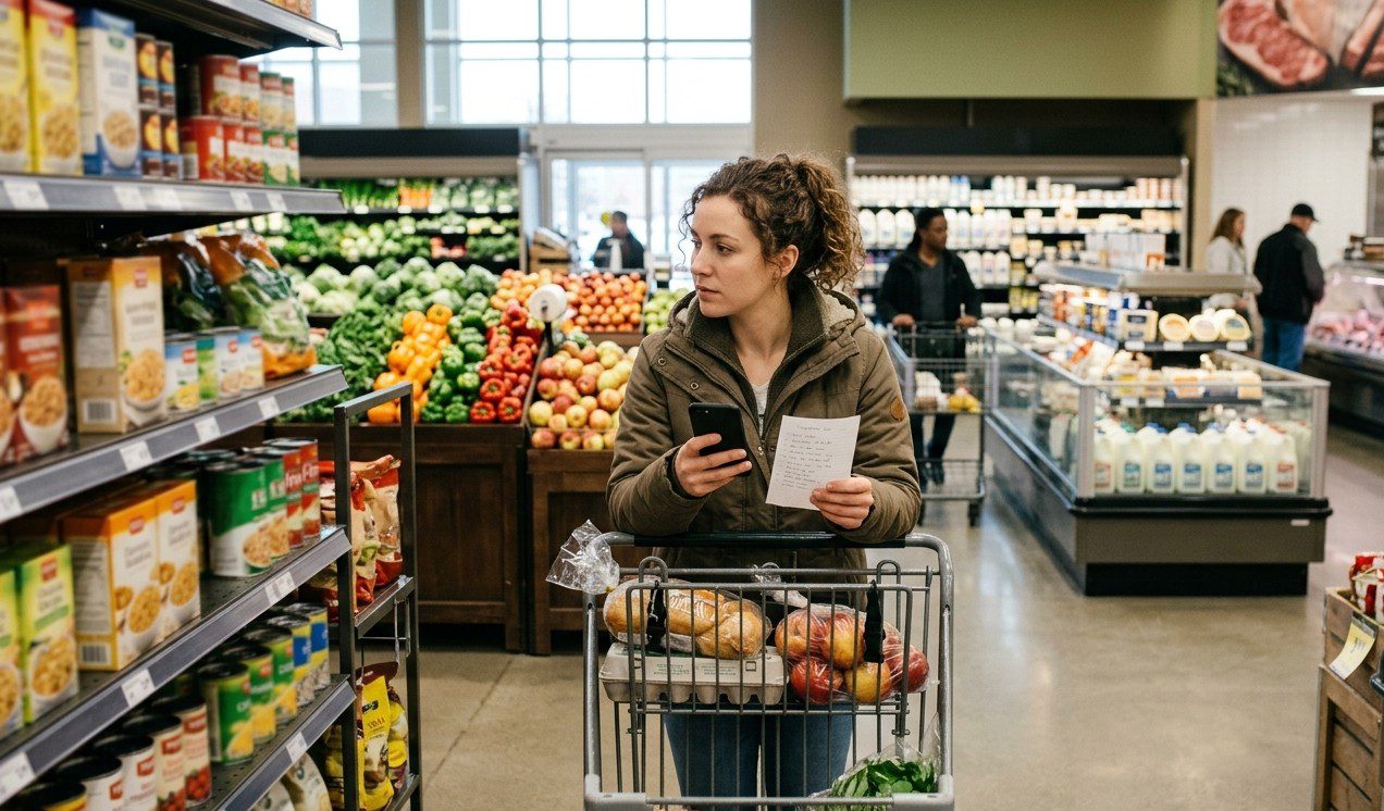 Shopper comparing grocery prices in an Alberta supermarket in 2026