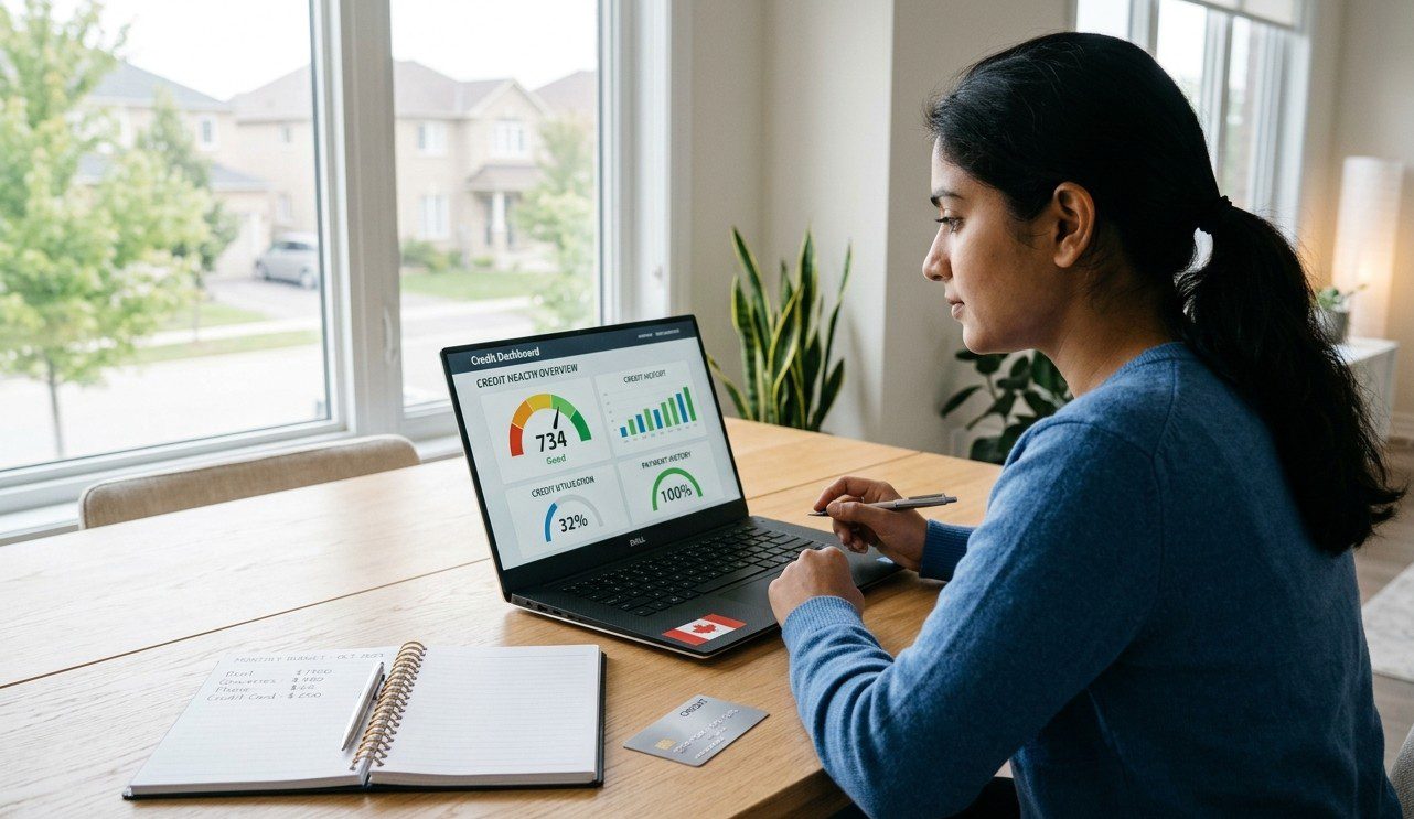 Newcomer reviewing a Canadian credit report and building credit history