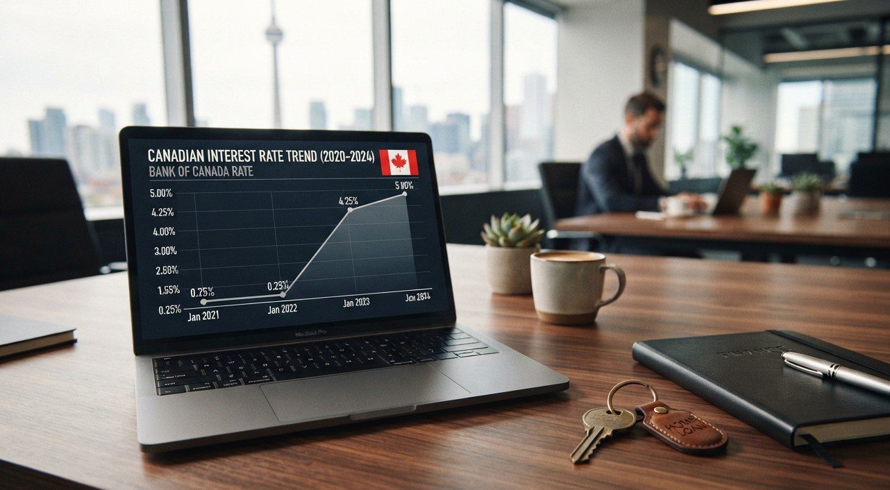 Bank of Canada interest rate graph next to a house key on a wooden table.