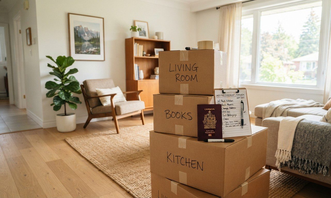 Cardboard moving boxes and relocation checklist prepared for CRA tax deduction claims.