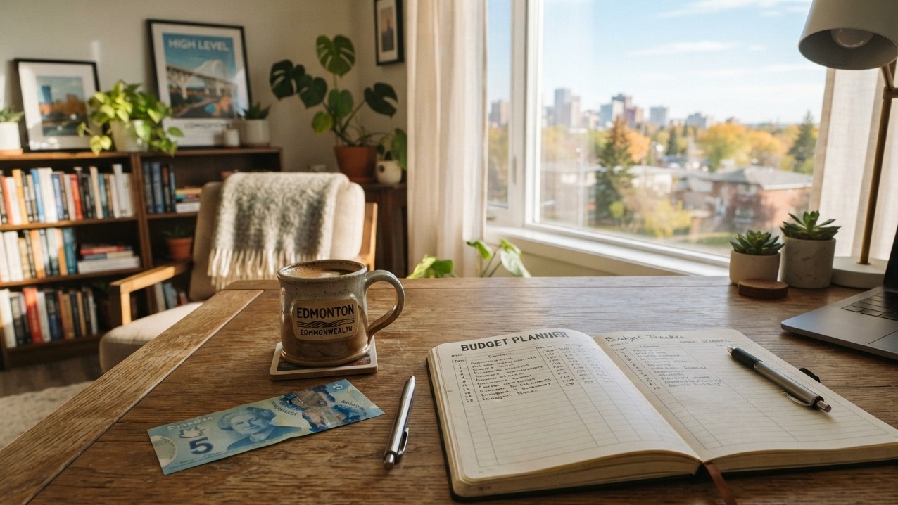 A cozy apartment room in Edmonton with a budget planning notebook and Canadian cash on a desk.