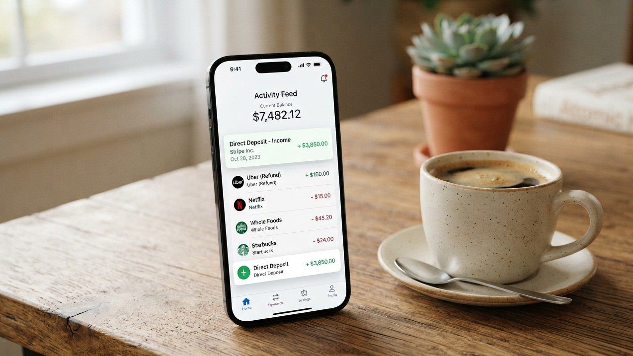 A mobile banking application on a smartphone showing a direct deposit entry.