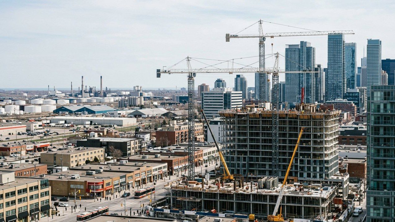 Canadian construction cranes, retail storefronts and industrial buildings representing mixed economic activity in July 2026.
