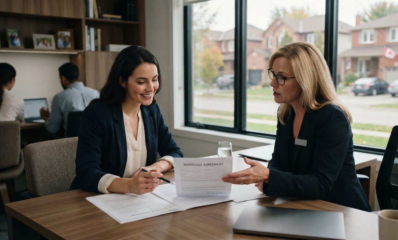 A Canadian homebuyer reviewing mortgage documents with an advisor as residential homes appear in the background.